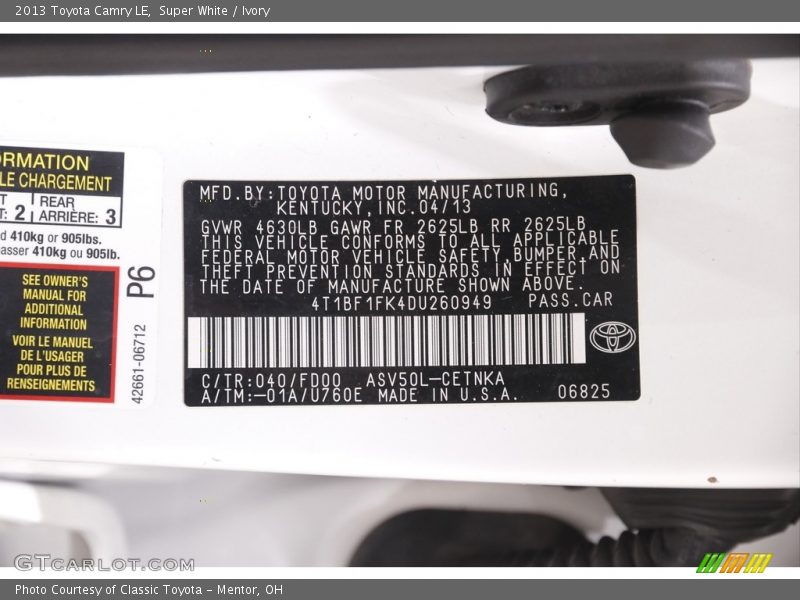 Super White / Ivory 2013 Toyota Camry LE