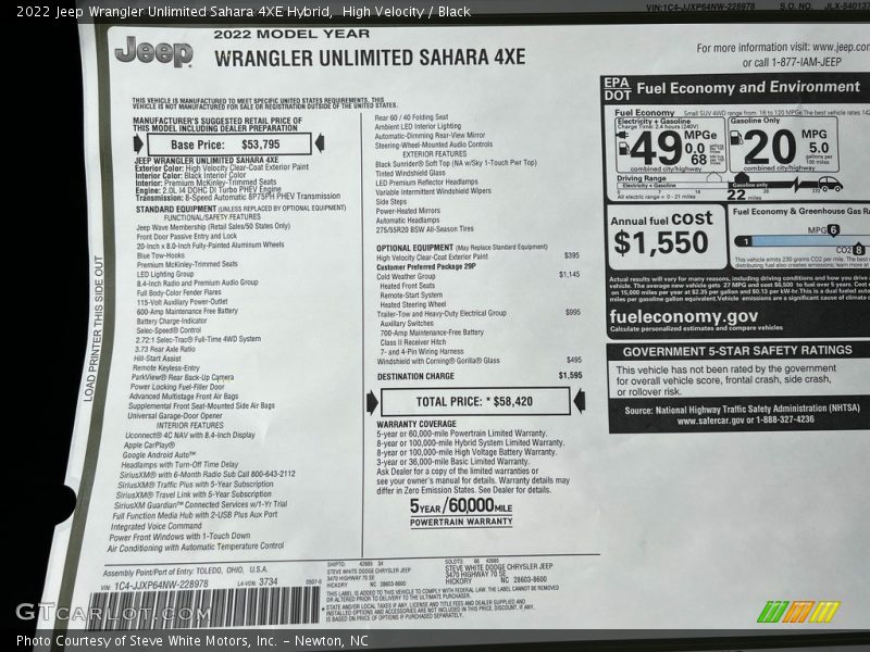  2022 Wrangler Unlimited Sahara 4XE Hybrid Window Sticker