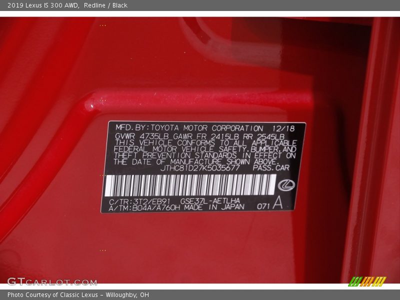 2019 IS 300 AWD Redline Color Code 3T2