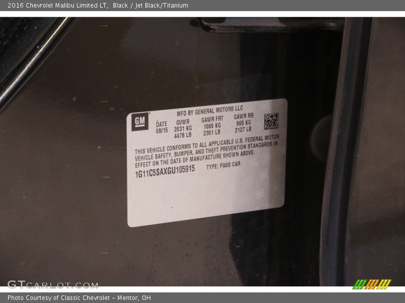 Black / Jet Black/Titanium 2016 Chevrolet Malibu Limited LT