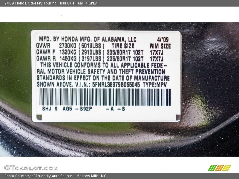 Bali Blue Pearl / Gray 2009 Honda Odyssey Touring