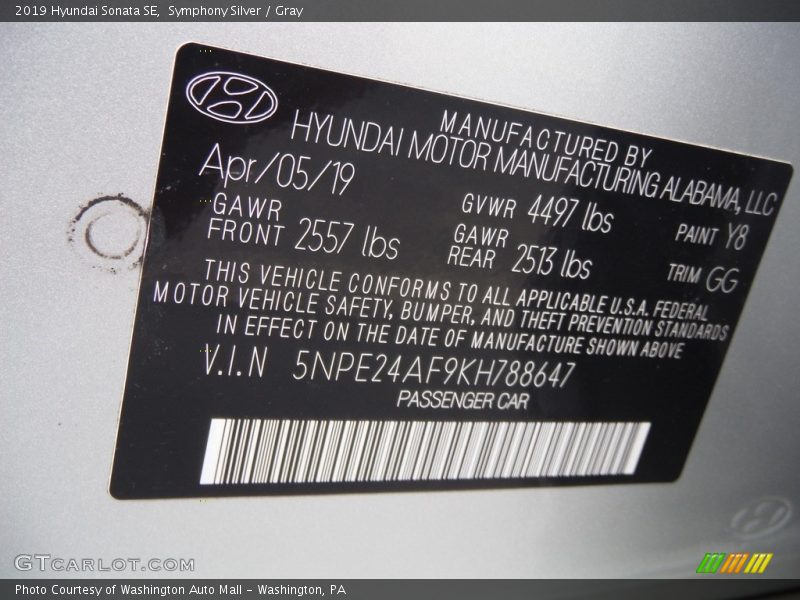 Symphony Silver / Gray 2019 Hyundai Sonata SE