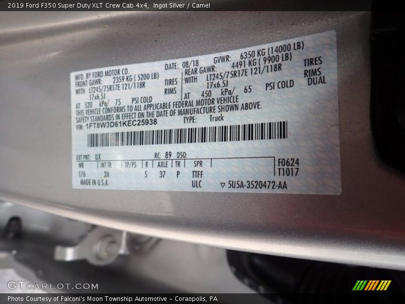 Ingot Silver / Camel 2019 Ford F350 Super Duty XLT Crew Cab 4x4