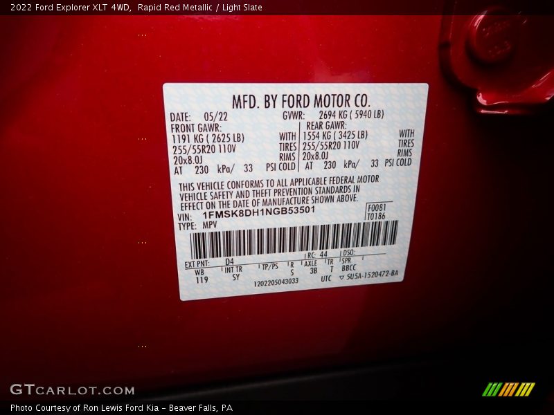 Rapid Red Metallic / Light Slate 2022 Ford Explorer XLT 4WD