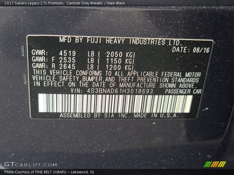 Carbide Gray Metallic / Slate Black 2017 Subaru Legacy 2.5i Premium