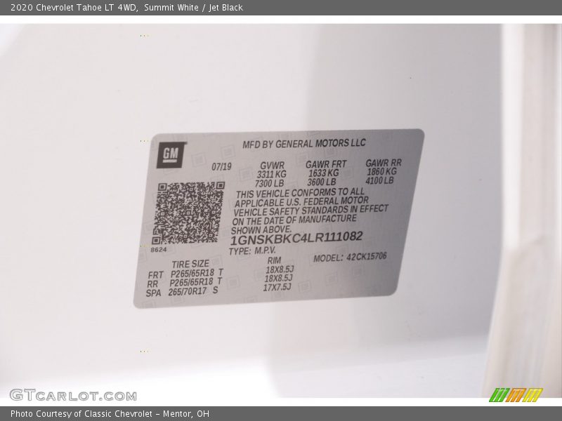 Summit White / Jet Black 2020 Chevrolet Tahoe LT 4WD