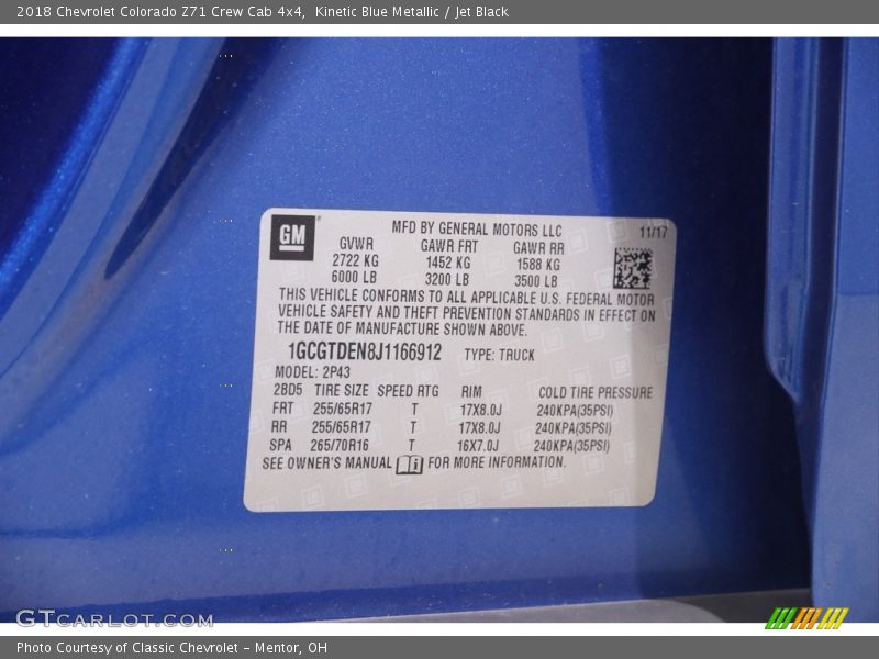 Kinetic Blue Metallic / Jet Black 2018 Chevrolet Colorado Z71 Crew Cab 4x4