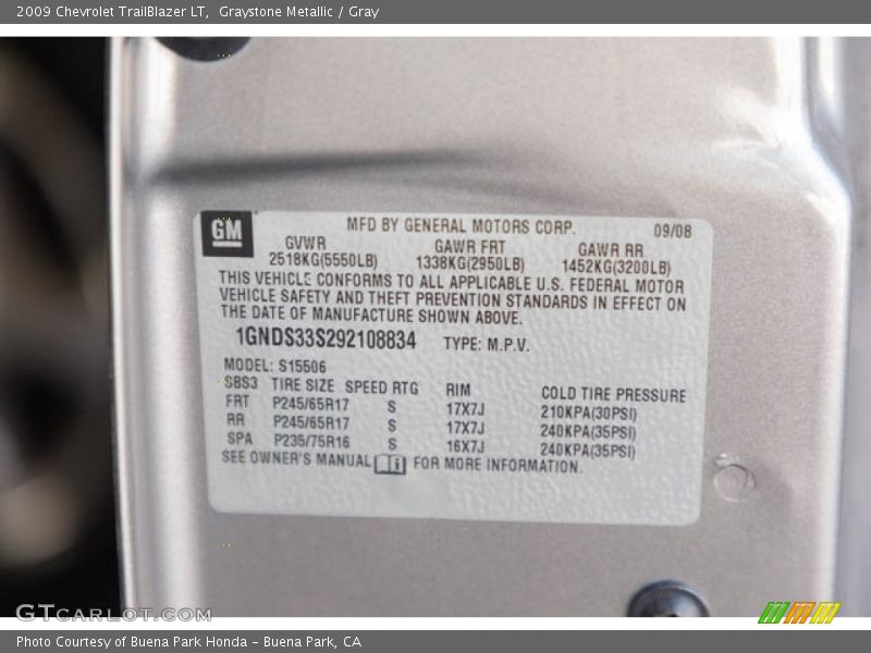 Graystone Metallic / Gray 2009 Chevrolet TrailBlazer LT