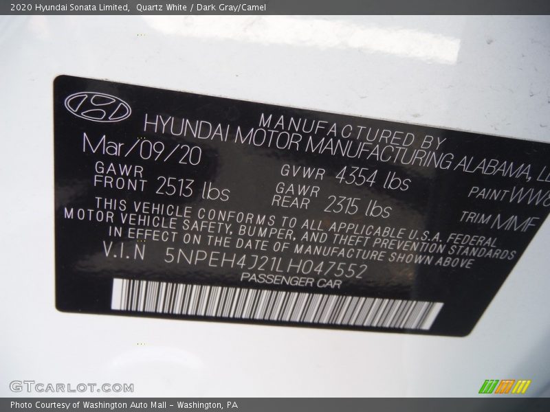 Quartz White / Dark Gray/Camel 2020 Hyundai Sonata Limited