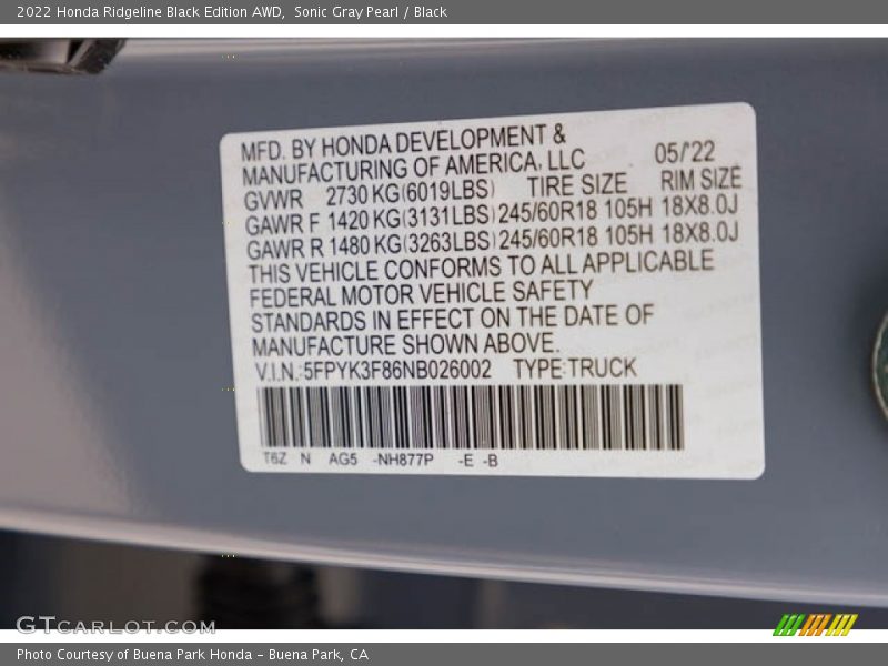 Sonic Gray Pearl / Black 2022 Honda Ridgeline Black Edition AWD
