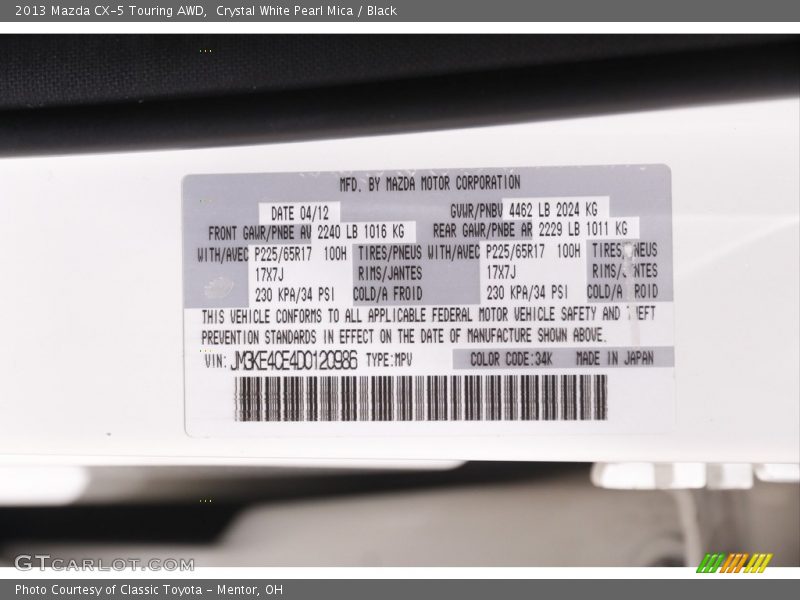 Crystal White Pearl Mica / Black 2013 Mazda CX-5 Touring AWD