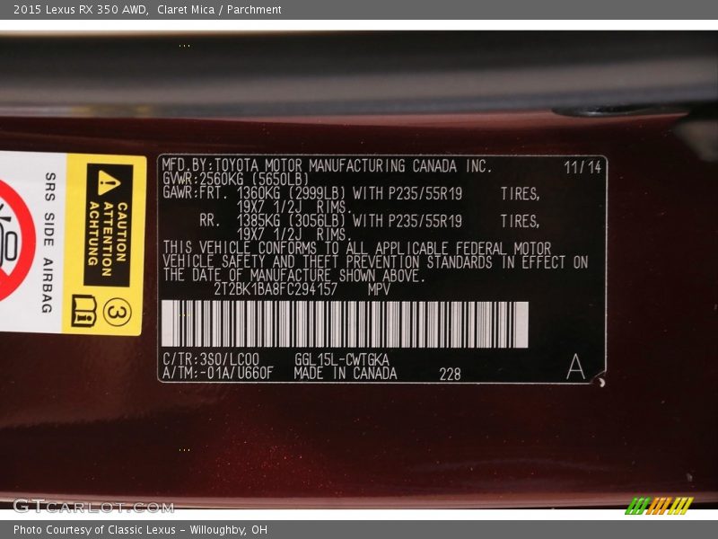 Claret Mica / Parchment 2015 Lexus RX 350 AWD