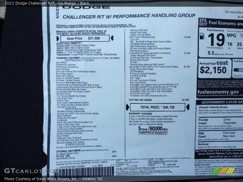  2022 Challenger R/T Window Sticker