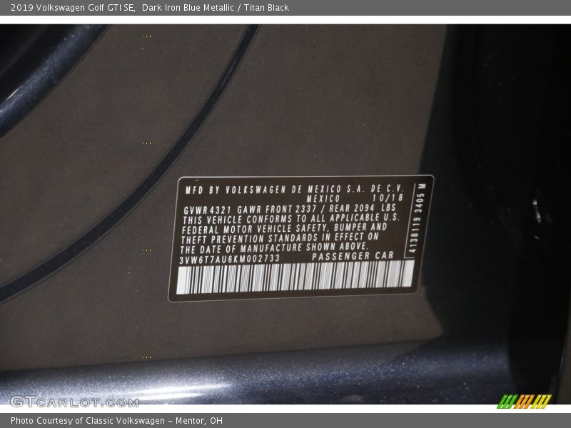 Dark Iron Blue Metallic / Titan Black 2019 Volkswagen Golf GTI SE