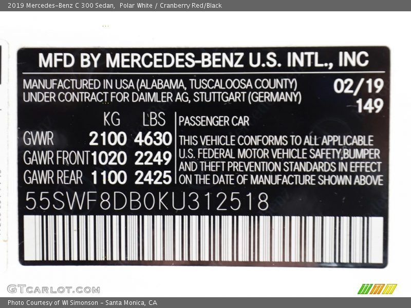 Polar White / Cranberry Red/Black 2019 Mercedes-Benz C 300 Sedan