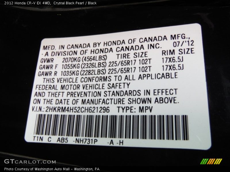 Crystal Black Pearl / Black 2012 Honda CR-V EX 4WD