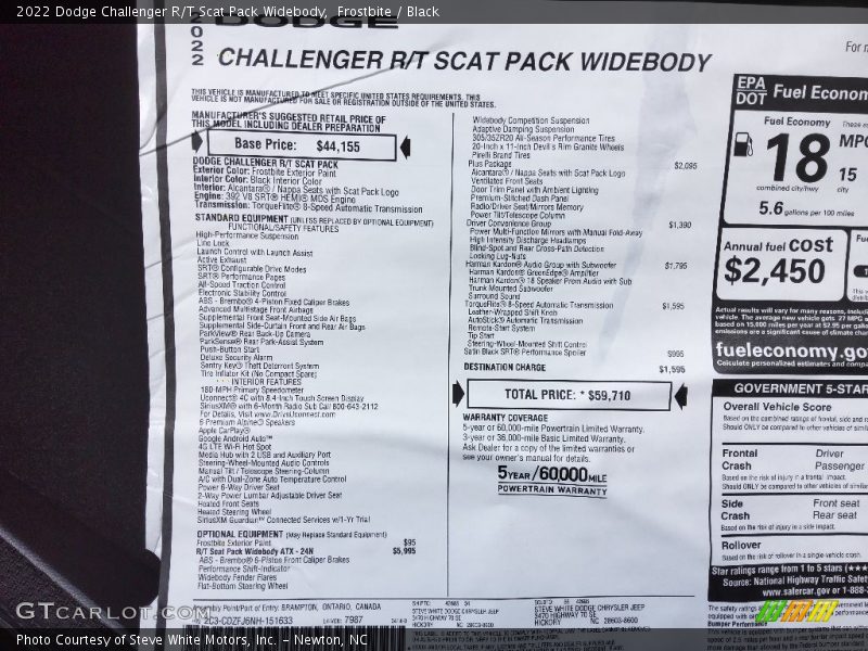  2022 Challenger R/T Scat Pack Widebody Window Sticker