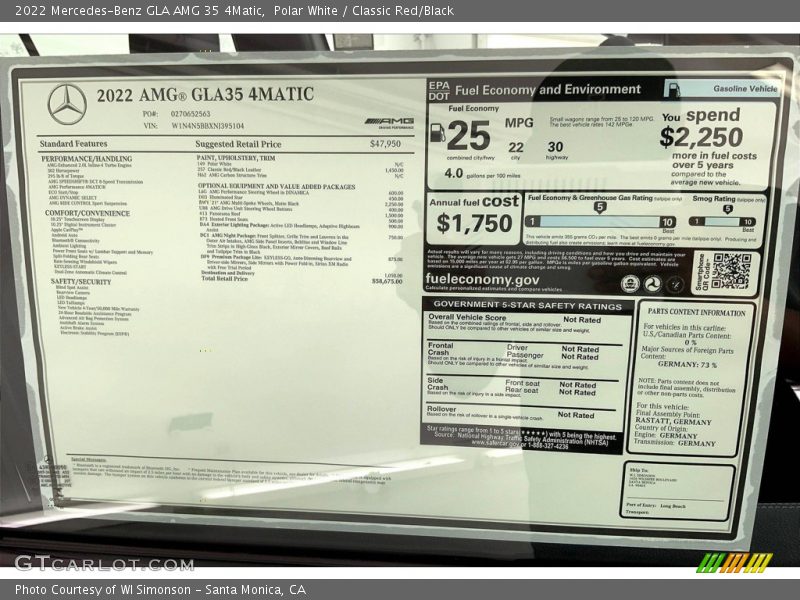  2022 GLA AMG 35 4Matic Window Sticker
