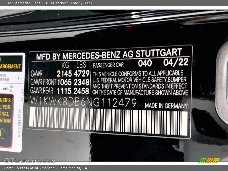 2022 C 300 Cabriolet Black Color Code 040