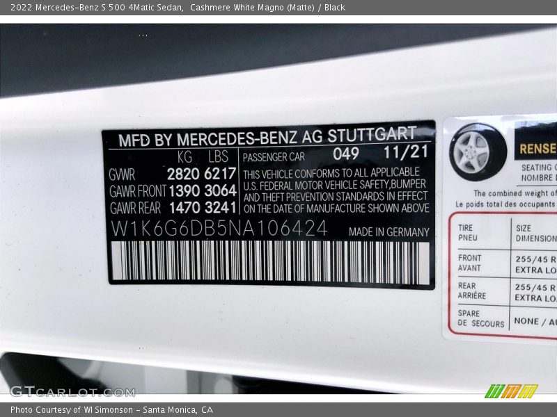 2022 S 500 4Matic Sedan Cashmere White Magno (Matte) Color Code 049