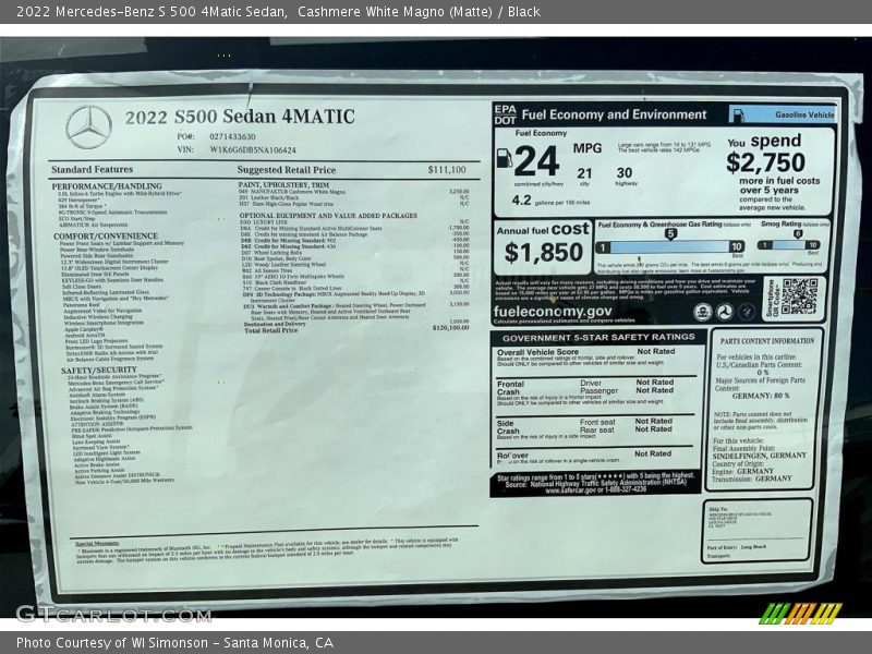  2022 S 500 4Matic Sedan Window Sticker