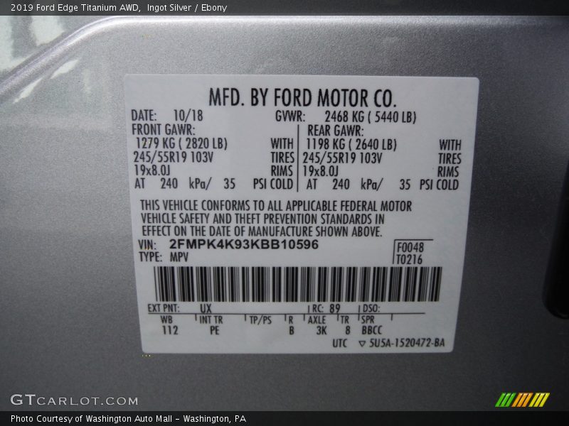 Ingot Silver / Ebony 2019 Ford Edge Titanium AWD