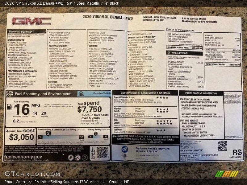  2020 Yukon XL Denali 4WD Window Sticker