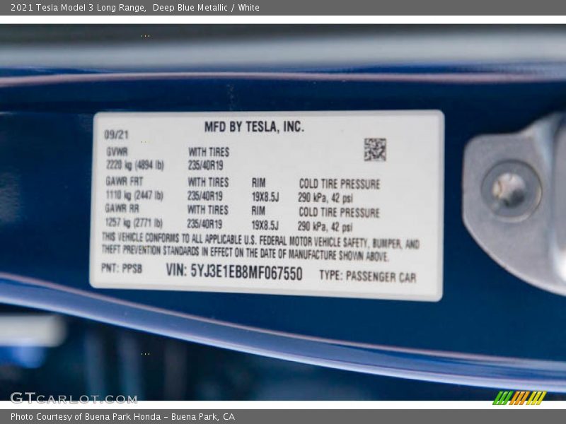 Deep Blue Metallic / White 2021 Tesla Model 3 Long Range