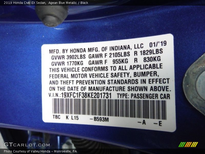 Agean Blue Metallic / Black 2019 Honda Civic EX Sedan