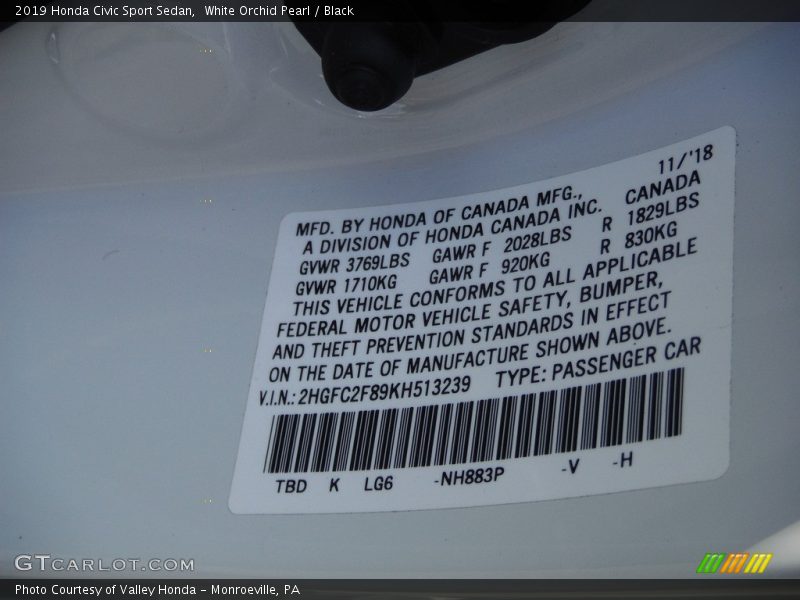 White Orchid Pearl / Black 2019 Honda Civic Sport Sedan