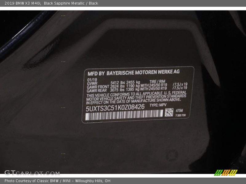 Black Sapphire Metallic / Black 2019 BMW X3 M40i