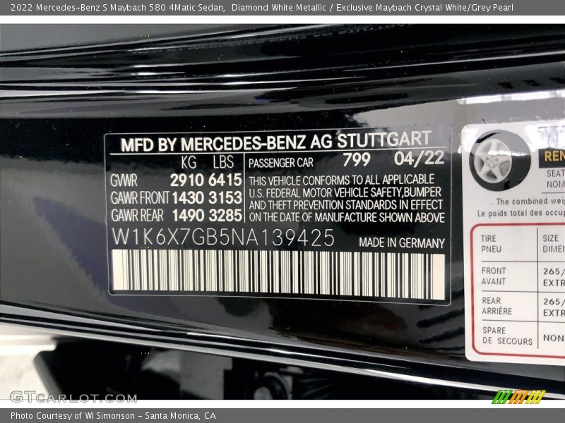 2022 S Maybach 580 4Matic Sedan Diamond White Metallic Color Code 799