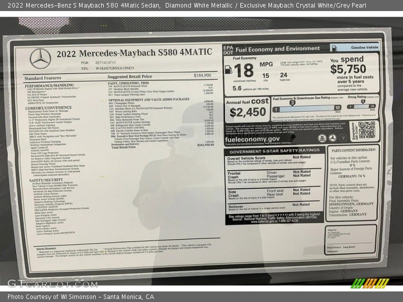  2022 S Maybach 580 4Matic Sedan Window Sticker