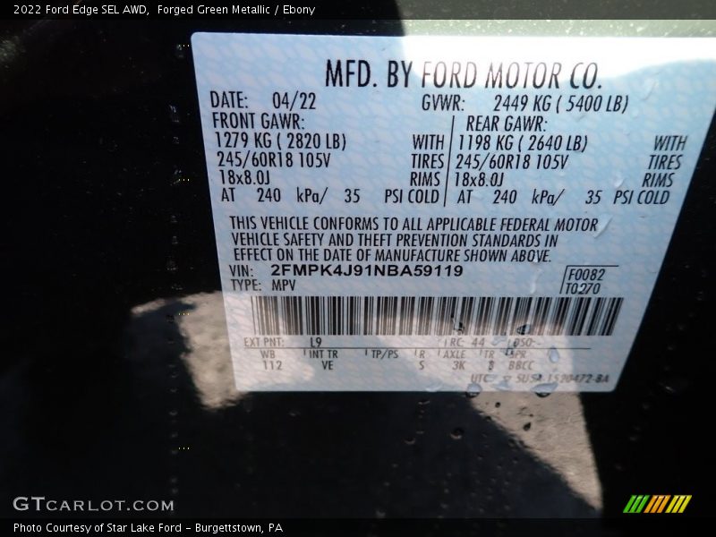 2022 Edge SEL AWD Forged Green Metallic Color Code L9