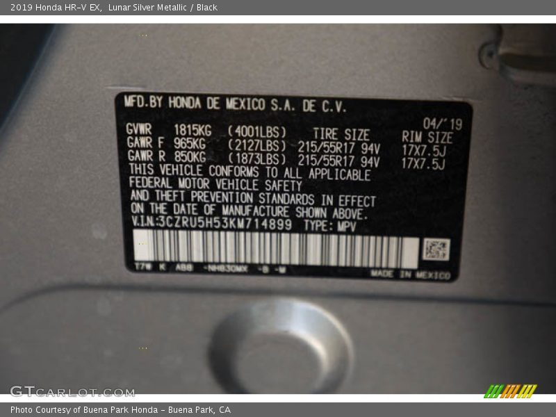 Lunar Silver Metallic / Black 2019 Honda HR-V EX