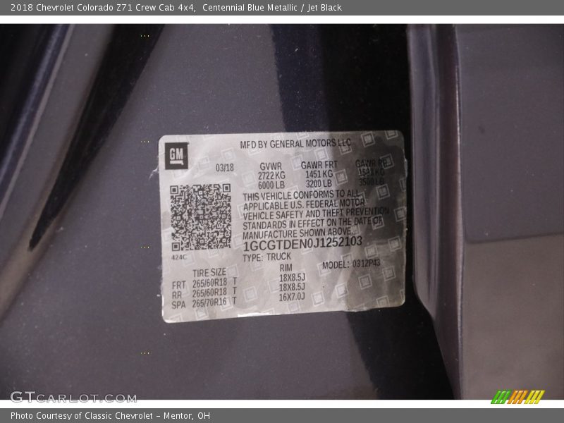 Centennial Blue Metallic / Jet Black 2018 Chevrolet Colorado Z71 Crew Cab 4x4