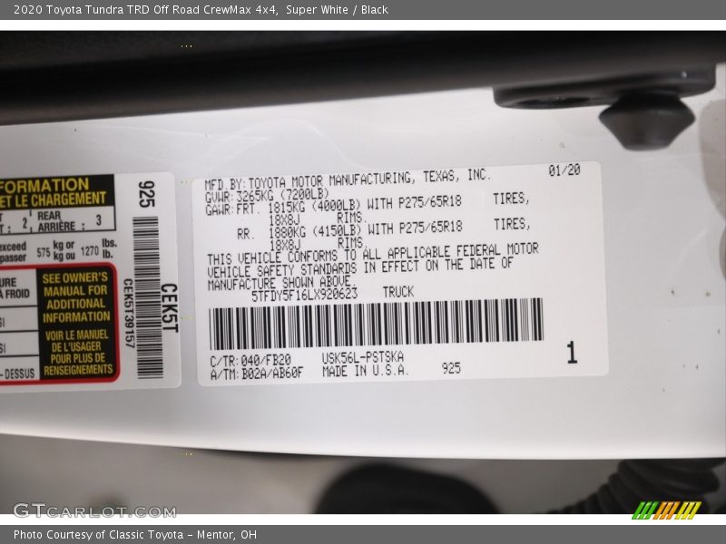 2020 Tundra TRD Off Road CrewMax 4x4 Super White Color Code 040