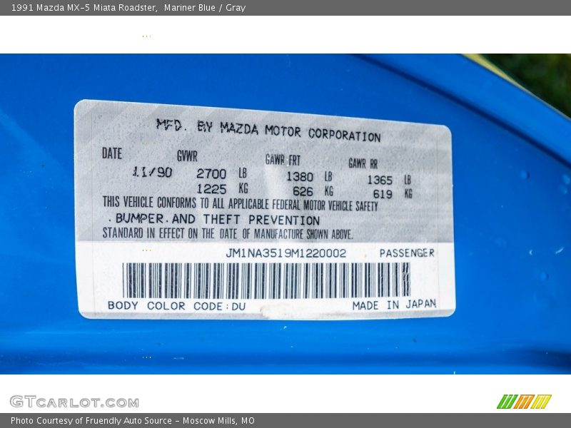 1991 MX-5 Miata Roadster Mariner Blue Color Code DU