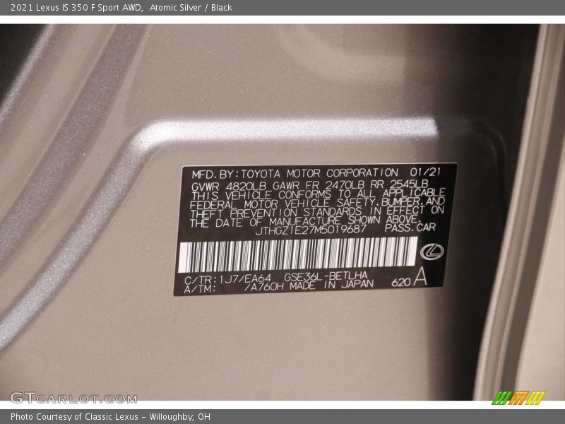 2021 IS 350 F Sport AWD Atomic Silver Color Code 1J7