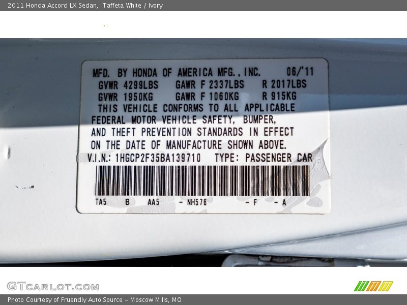 Taffeta White / Ivory 2011 Honda Accord LX Sedan