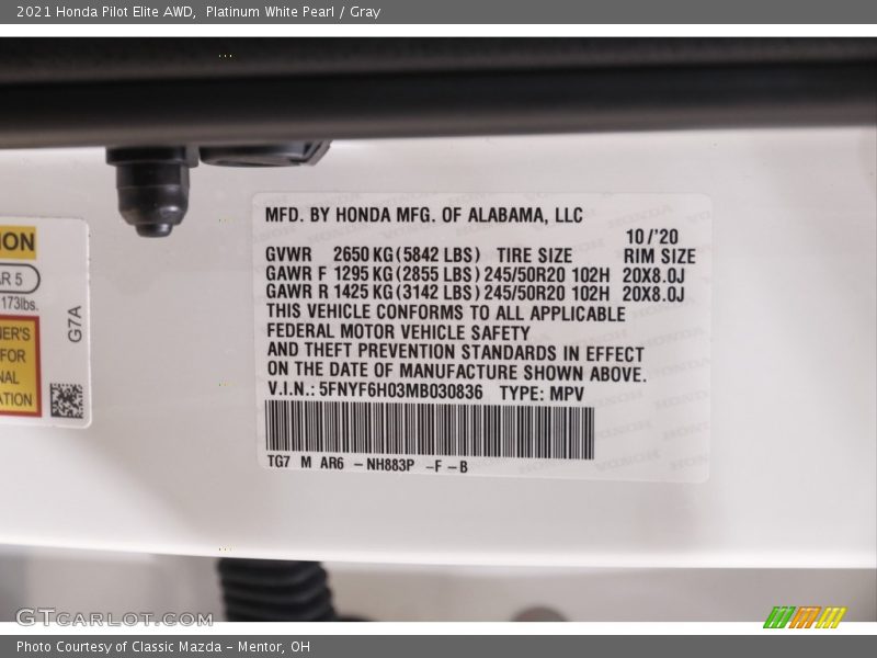 Platinum White Pearl / Gray 2021 Honda Pilot Elite AWD
