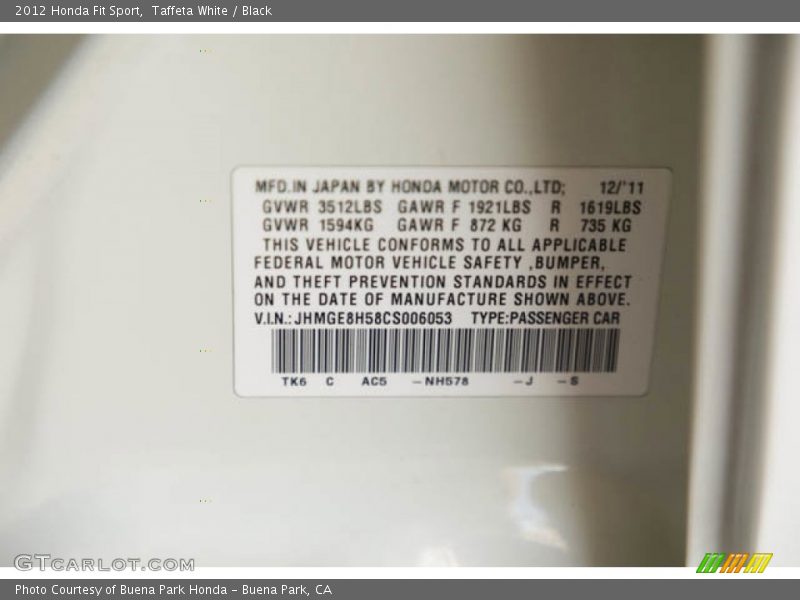 Taffeta White / Black 2012 Honda Fit Sport