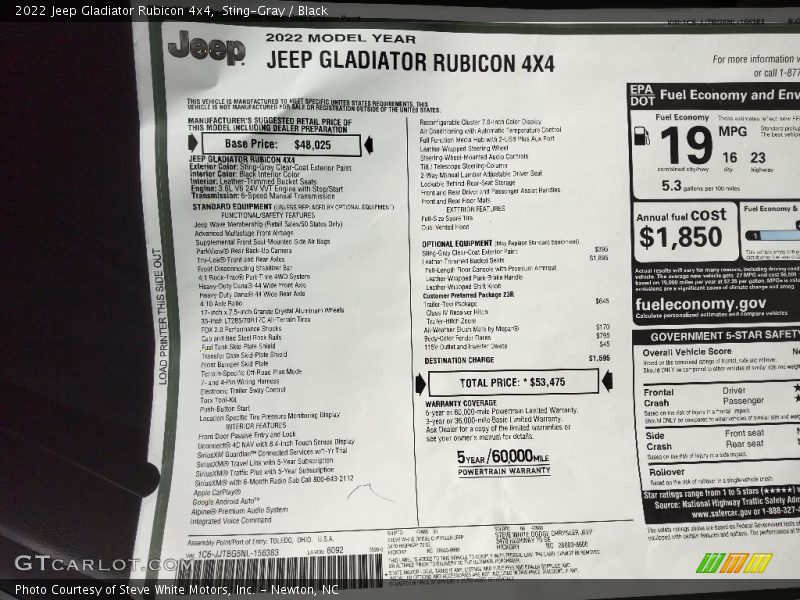  2022 Gladiator Rubicon 4x4 Window Sticker