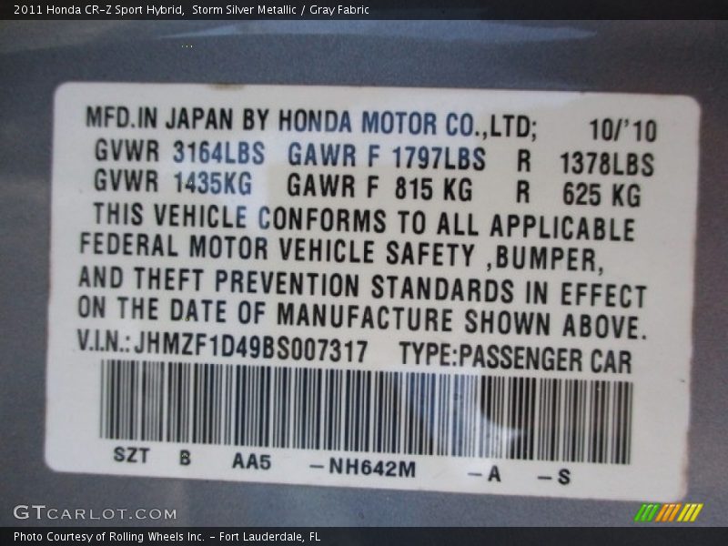 Storm Silver Metallic / Gray Fabric 2011 Honda CR-Z Sport Hybrid
