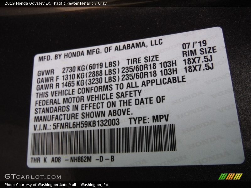 Pacific Pewter Metallic / Gray 2019 Honda Odyssey EX