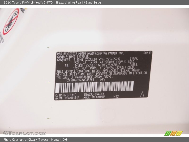 Blizzard White Pearl / Sand Beige 2010 Toyota RAV4 Limited V6 4WD