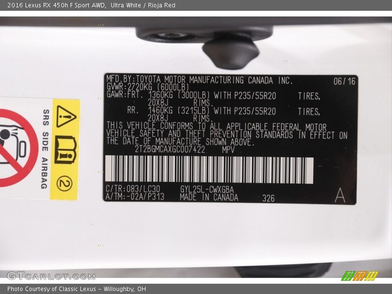 2016 RX 450h F Sport AWD Ultra White Color Code 083