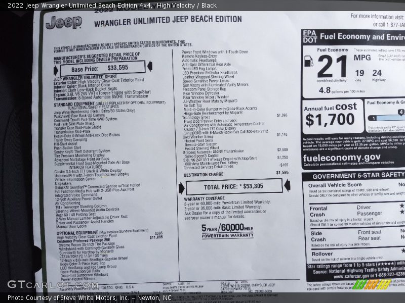  2022 Wrangler Unlimited Beach Edition 4x4 Window Sticker