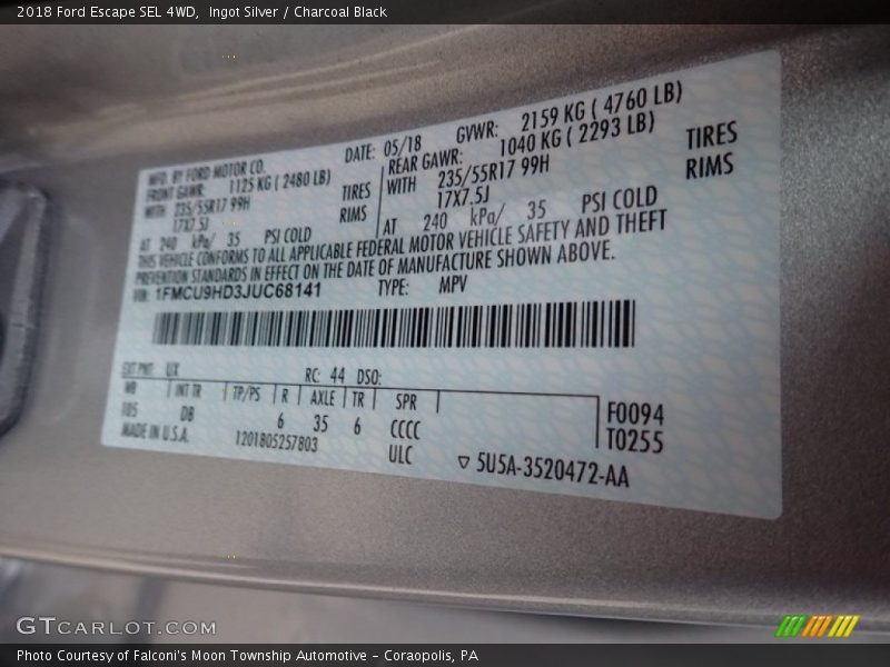 Ingot Silver / Charcoal Black 2018 Ford Escape SEL 4WD