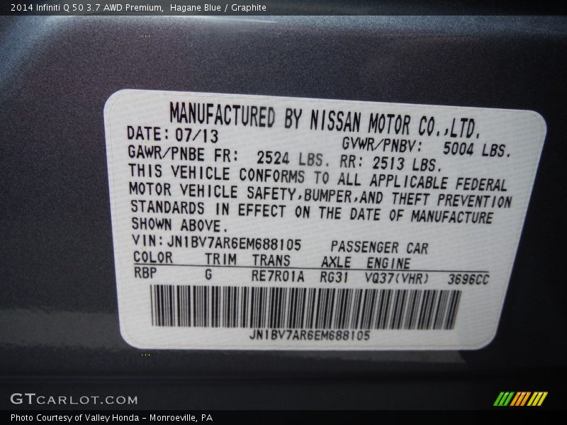Hagane Blue / Graphite 2014 Infiniti Q 50 3.7 AWD Premium
